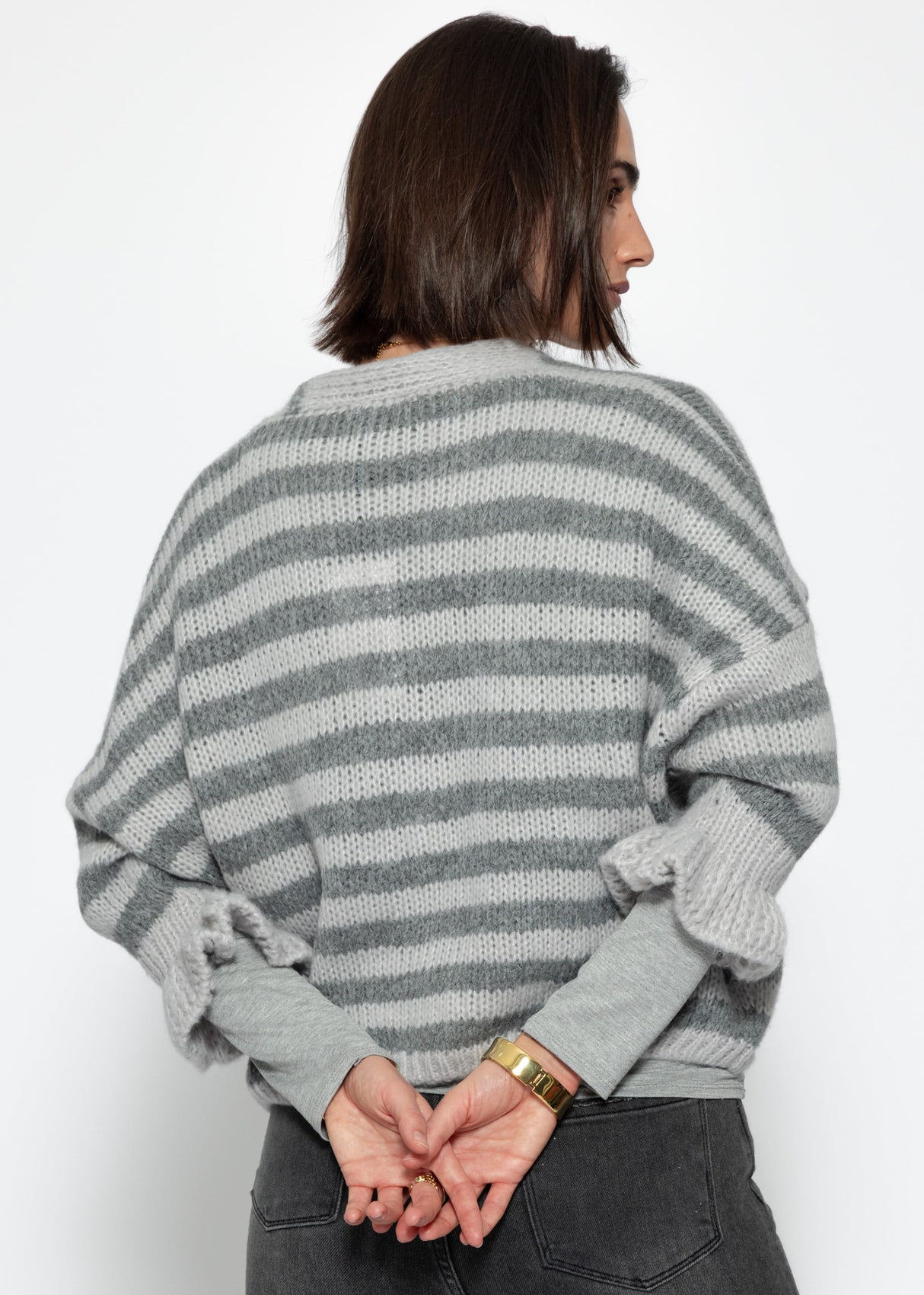 Striped cardigan with 3/4 sleeves - grey