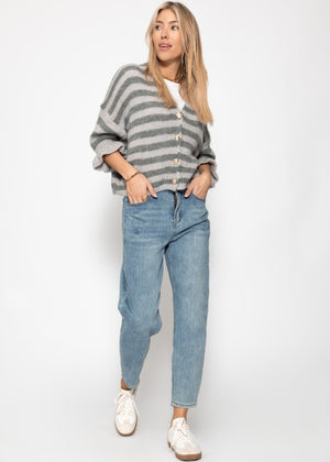 Gestreifter Cardigan mit 3/4-Ärmeln - grau