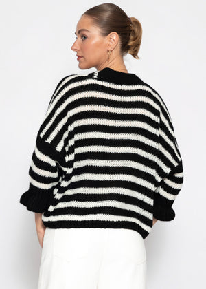 Gestreifter Cardigan mit 3/4-Ärmeln - schwarz