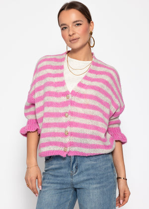 Gestreifter Cardigan mit 3/4-Ärmeln - pink