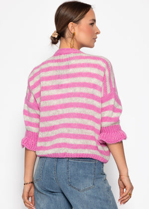 Gestreifter Cardigan mit 3/4-Ärmeln - pink