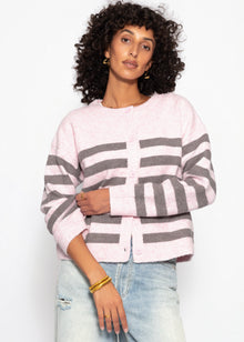 Gestreifter Cardigan mit Passe - rosa