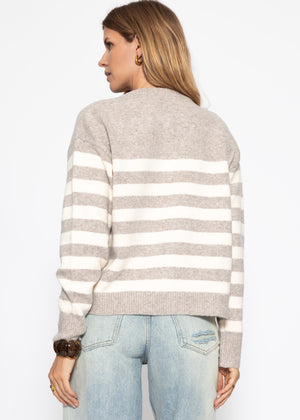Gestreifter Cardigan mit Passe - taupe