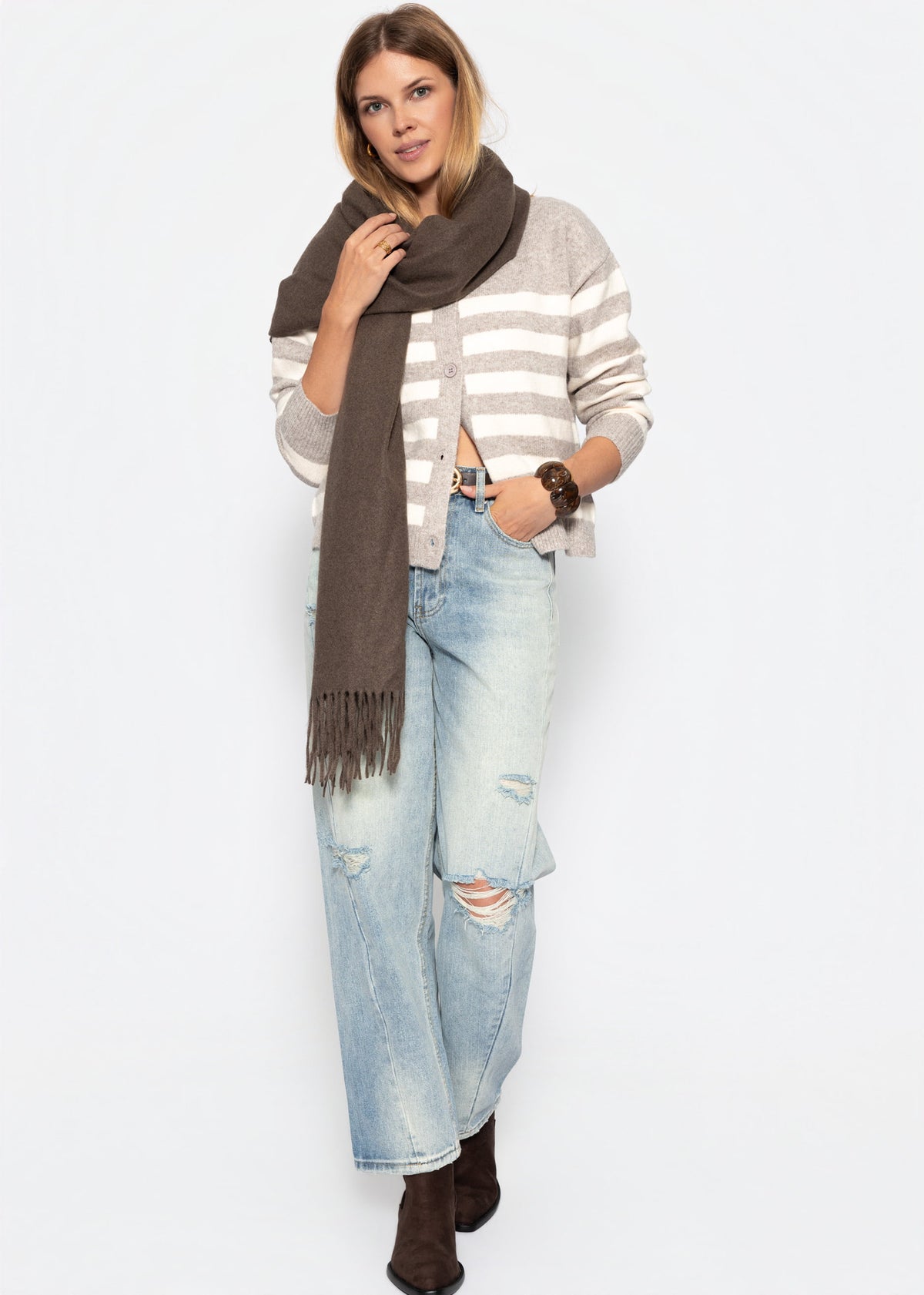 Gestreifter Cardigan mit Passe - taupe