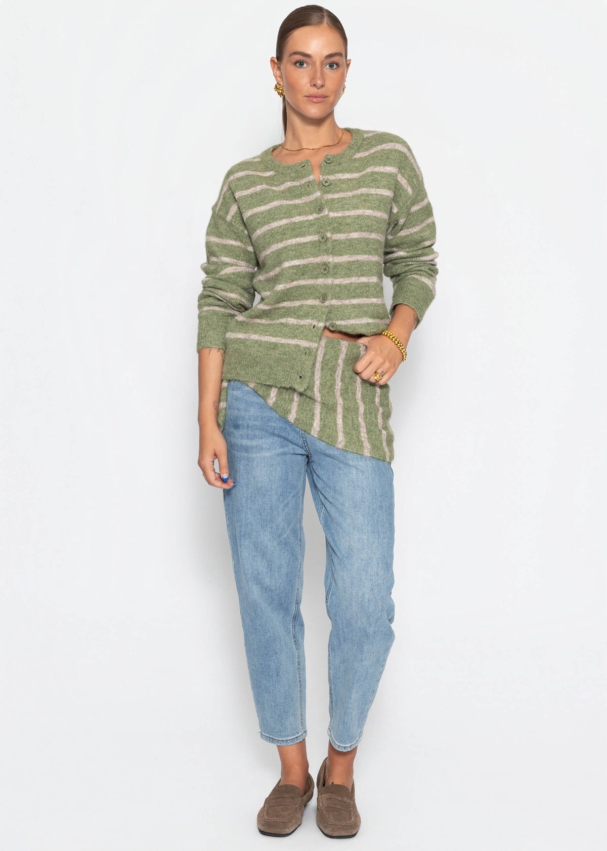 Gestreifter Cardigan mit Schal - khaki