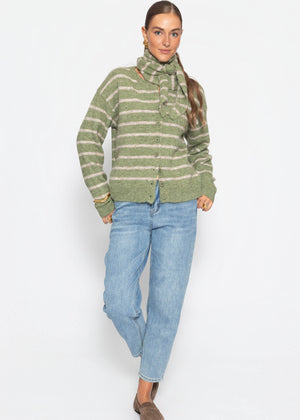 Gestreifter Cardigan mit Schal - khaki