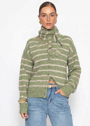 Gestreifter Cardigan mit Schal - khaki