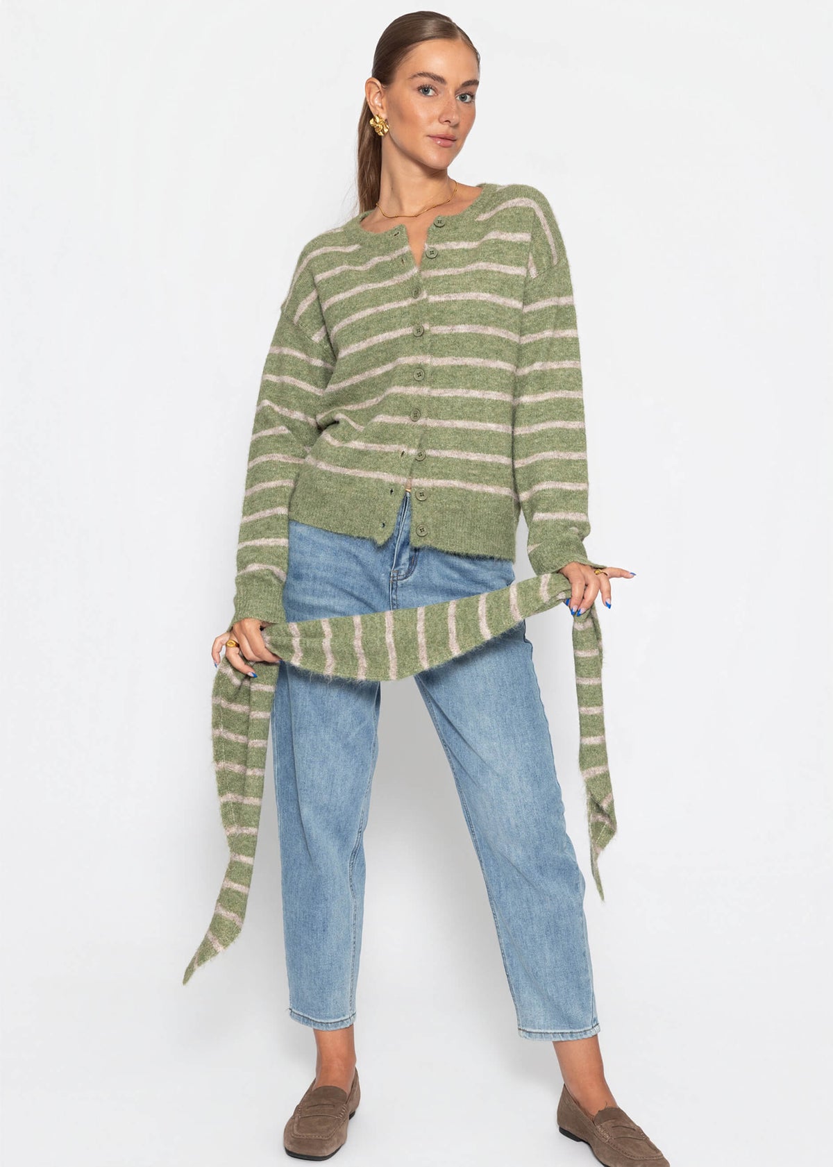 Gestreifter Cardigan mit Schal - khaki