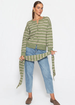 Gestreifter Cardigan mit Schal - khaki