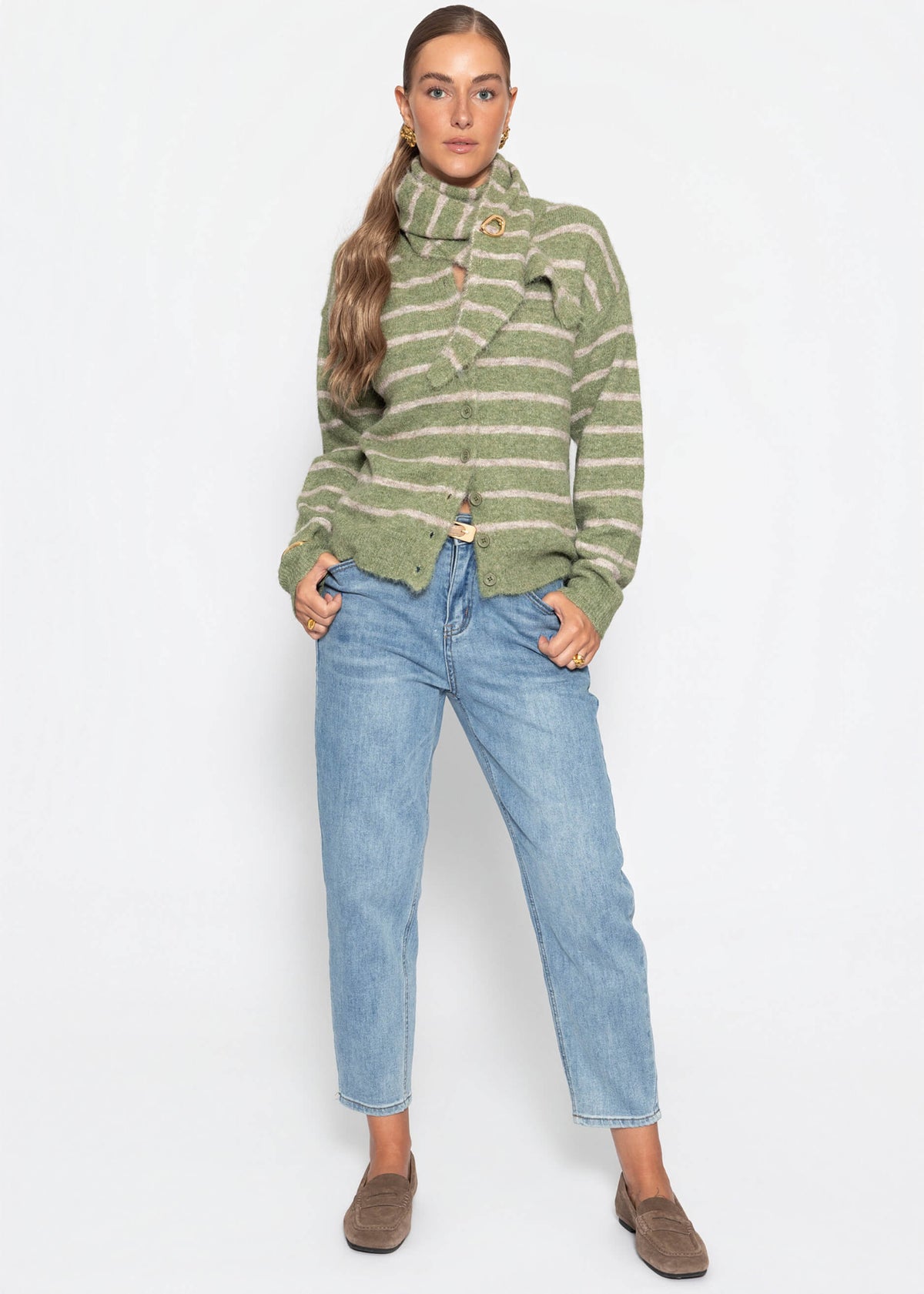 Gestreifter Cardigan mit Schal - khaki