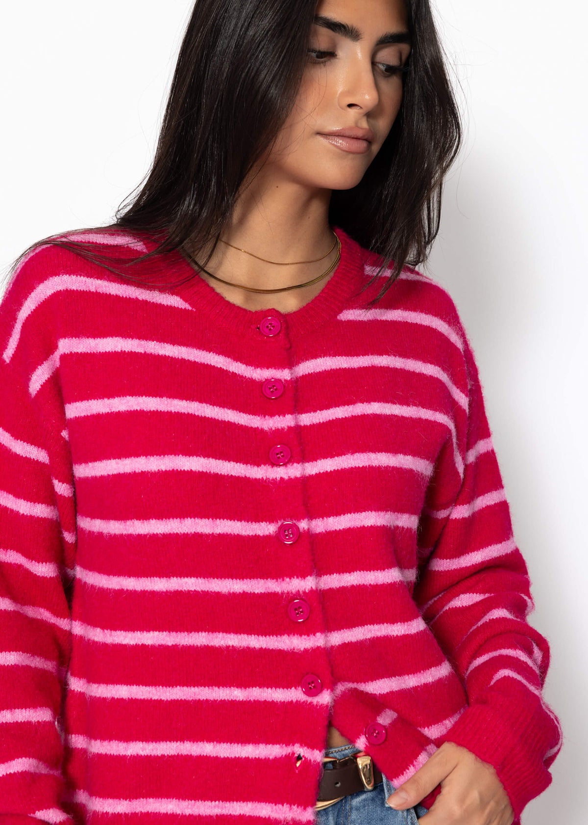Gestreifter Cardigan mit Schal - pink