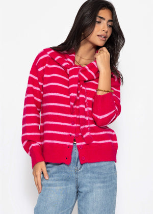 Gestreifter Cardigan mit Schal - pink