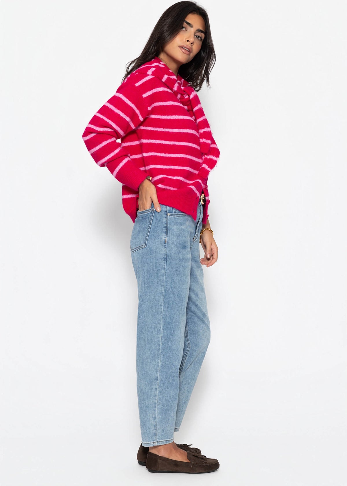 Gestreifter Cardigan mit Schal - pink