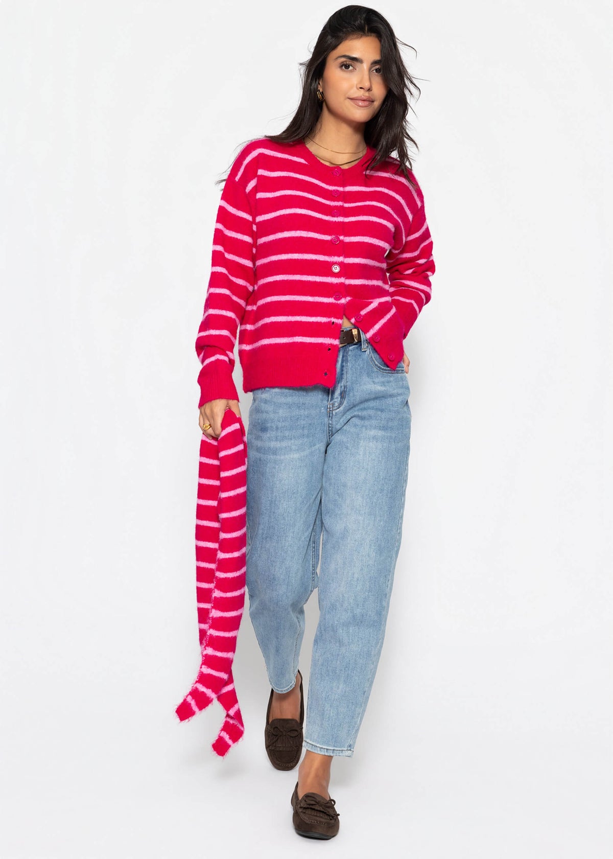 Gestreifter Cardigan mit Schal - pink
