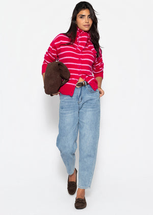 Gestreifter Cardigan mit Schal - pink