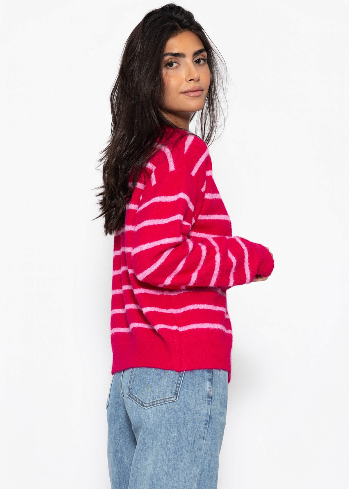 Gestreifter Cardigan mit Schal - pink