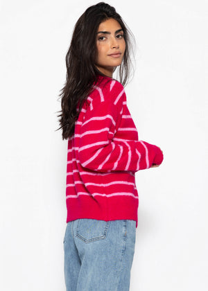 Gestreifter Cardigan mit Schal - pink