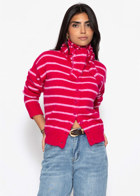 Gestreifter Cardigan mit Schal - pink