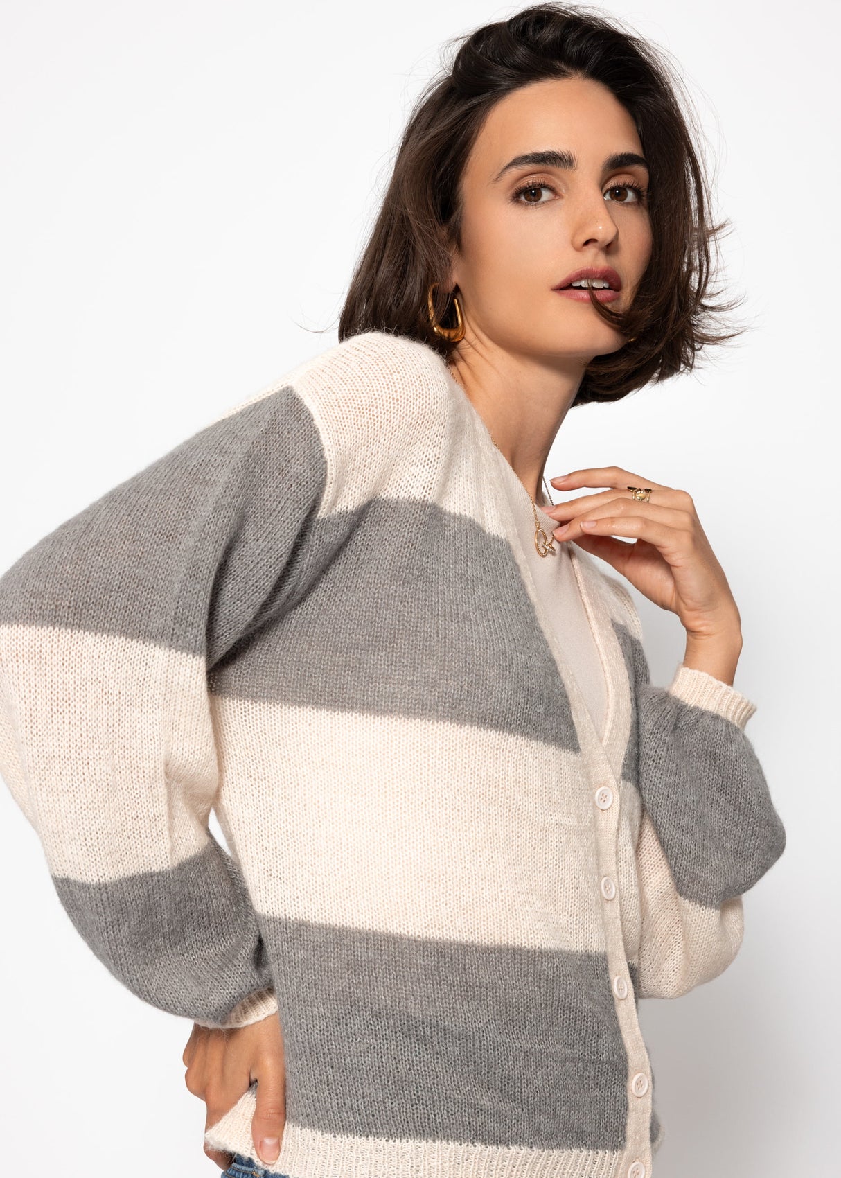 Striped cardigan with V-neck-gray-beige