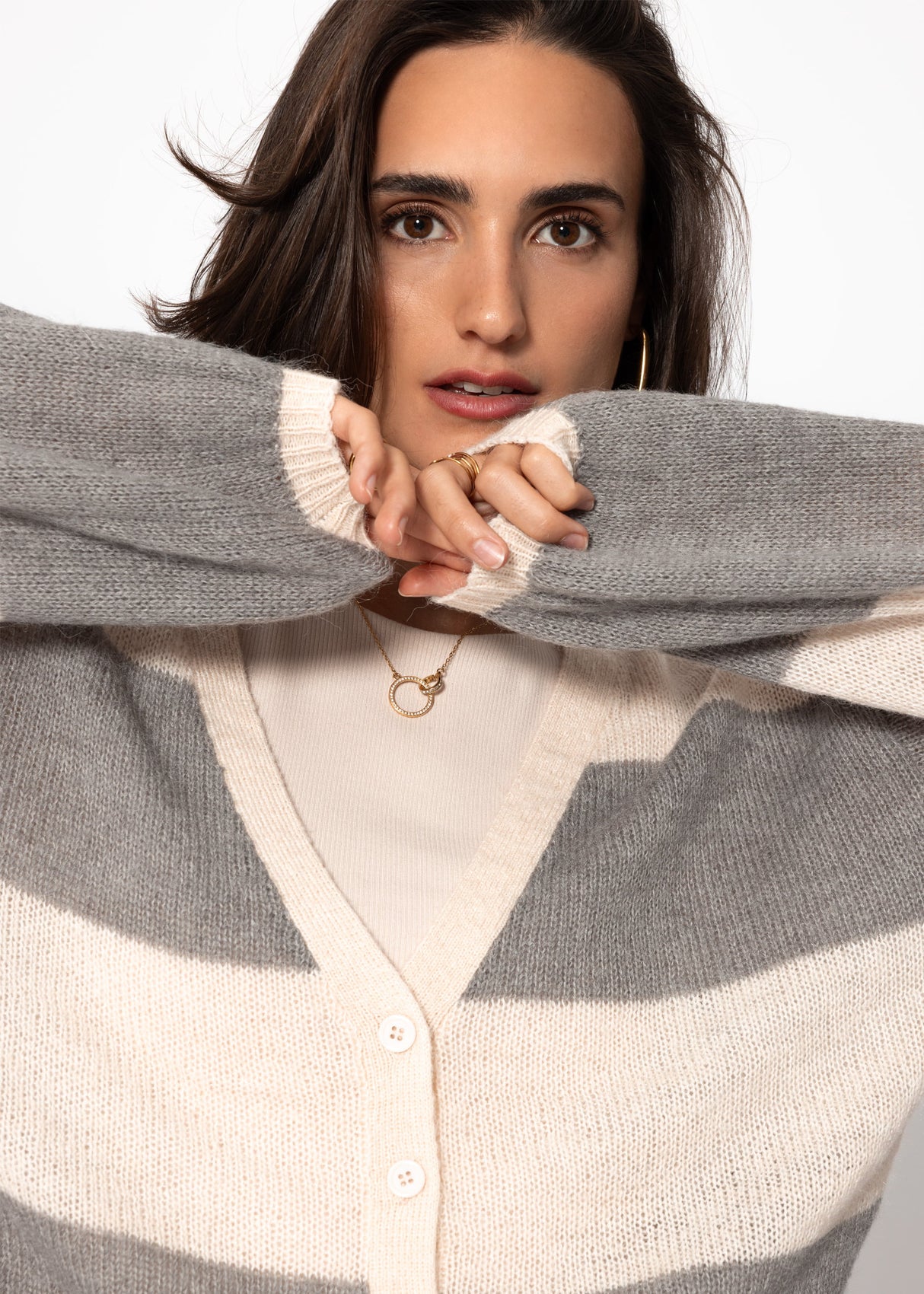Striped cardigan with V-neck-gray-beige