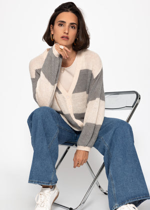 Striped cardigan with V-neck-gray-beige