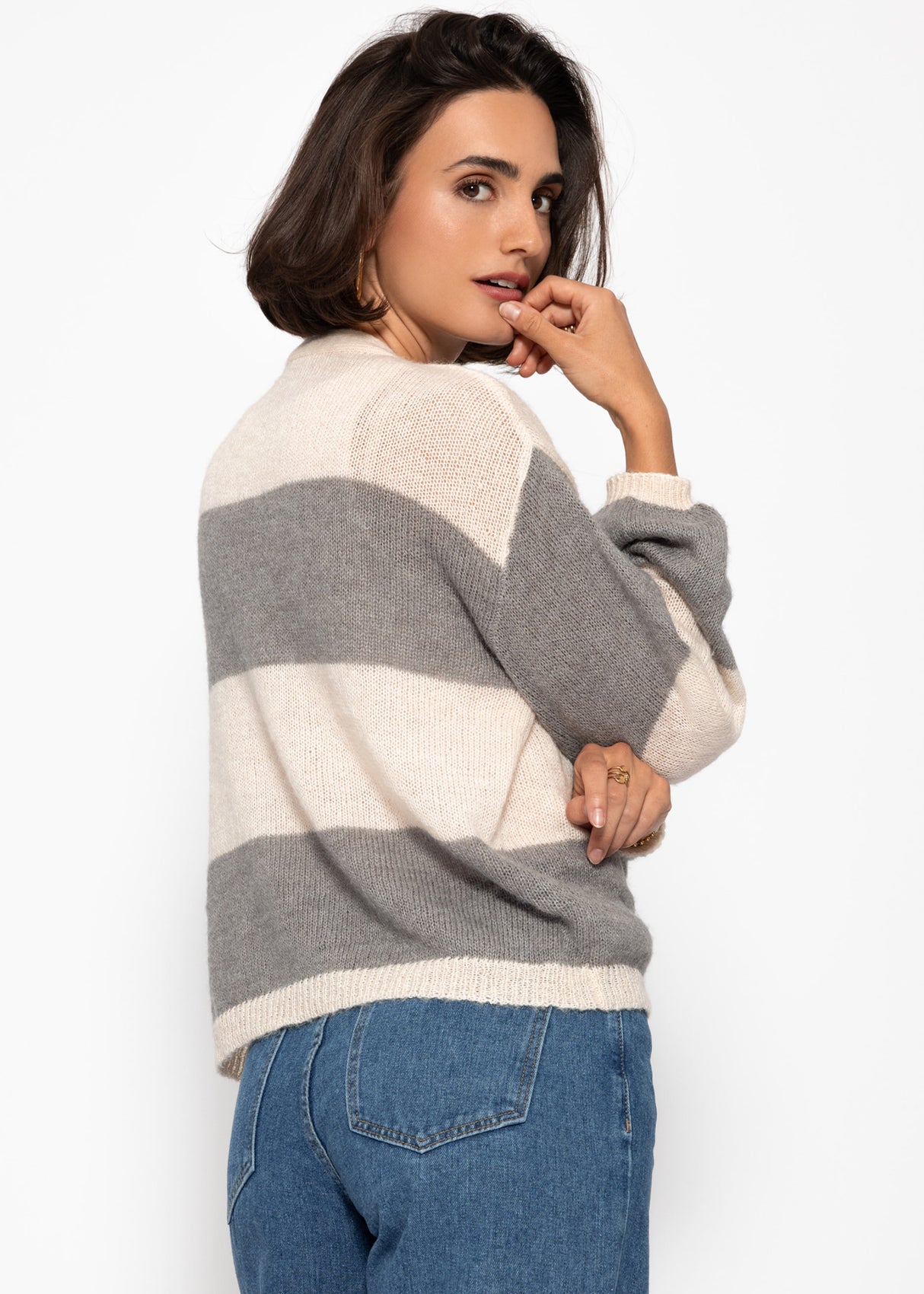 Striped cardigan with V-neck-gray-beige