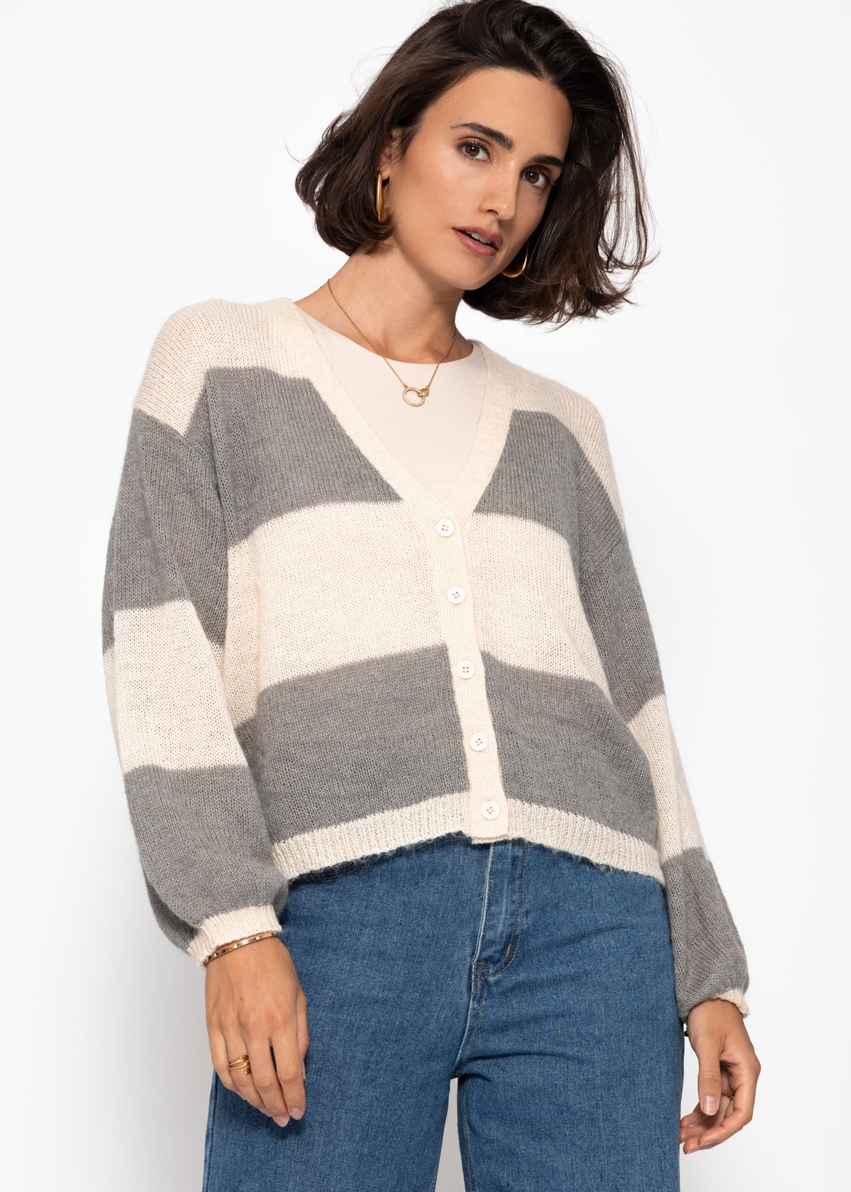 Striped cardigan with V-neck-gray-beige