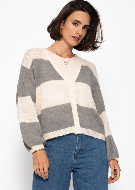 Gestreifter Feinstrick Cardigan mit V-Ausschnitt - grau-hellbeige