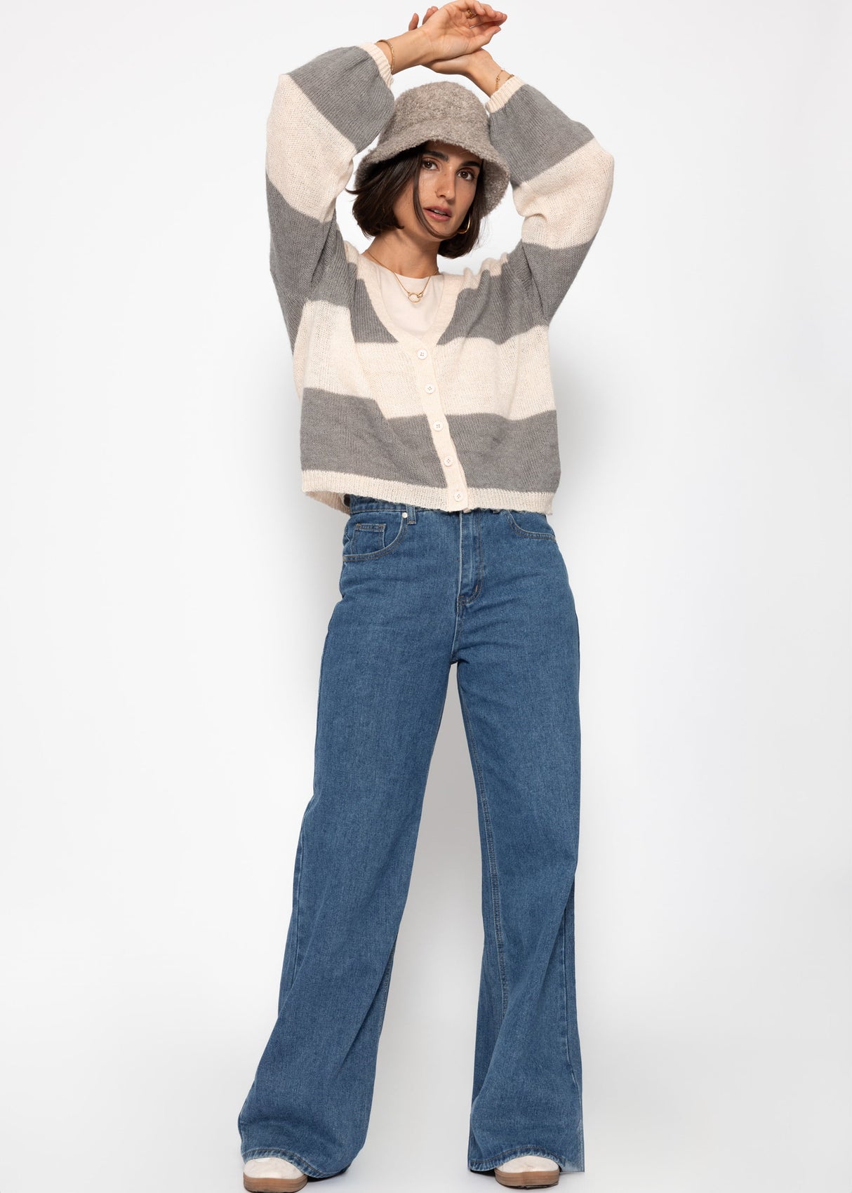 Striped cardigan with V-neck-gray-beige