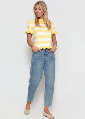 Gestreifter Kurzarm-Pullover mit Volants - offwhite-buttergelb