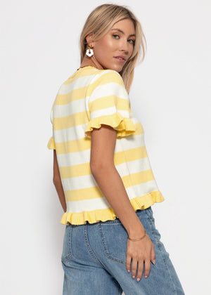 Gestreifter Kurzarm-Pullover mit Volants - offwhite-buttergelb