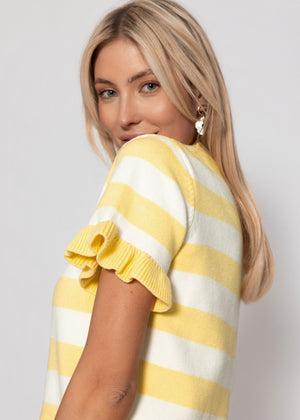 Gestreifter Kurzarm-Pullover mit Volants - offwhite-buttergelb