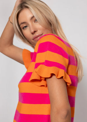 Gestreifter Kurzarm-Pullover mit Volants - orange-pink