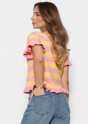 Gestreifter Kurzarm-Pullover mit Volants - rosa-buttergelb