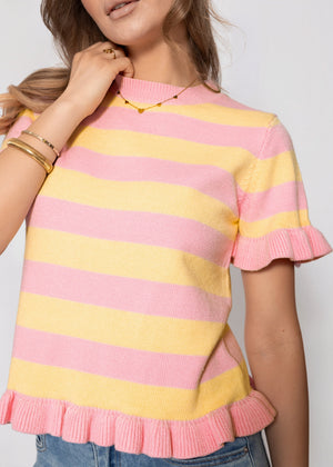 Gestreifter Kurzarm-Pullover mit Volants - rosa-buttergelb