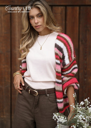 Gestreifter, mehrfarbiger Cardigan - pink