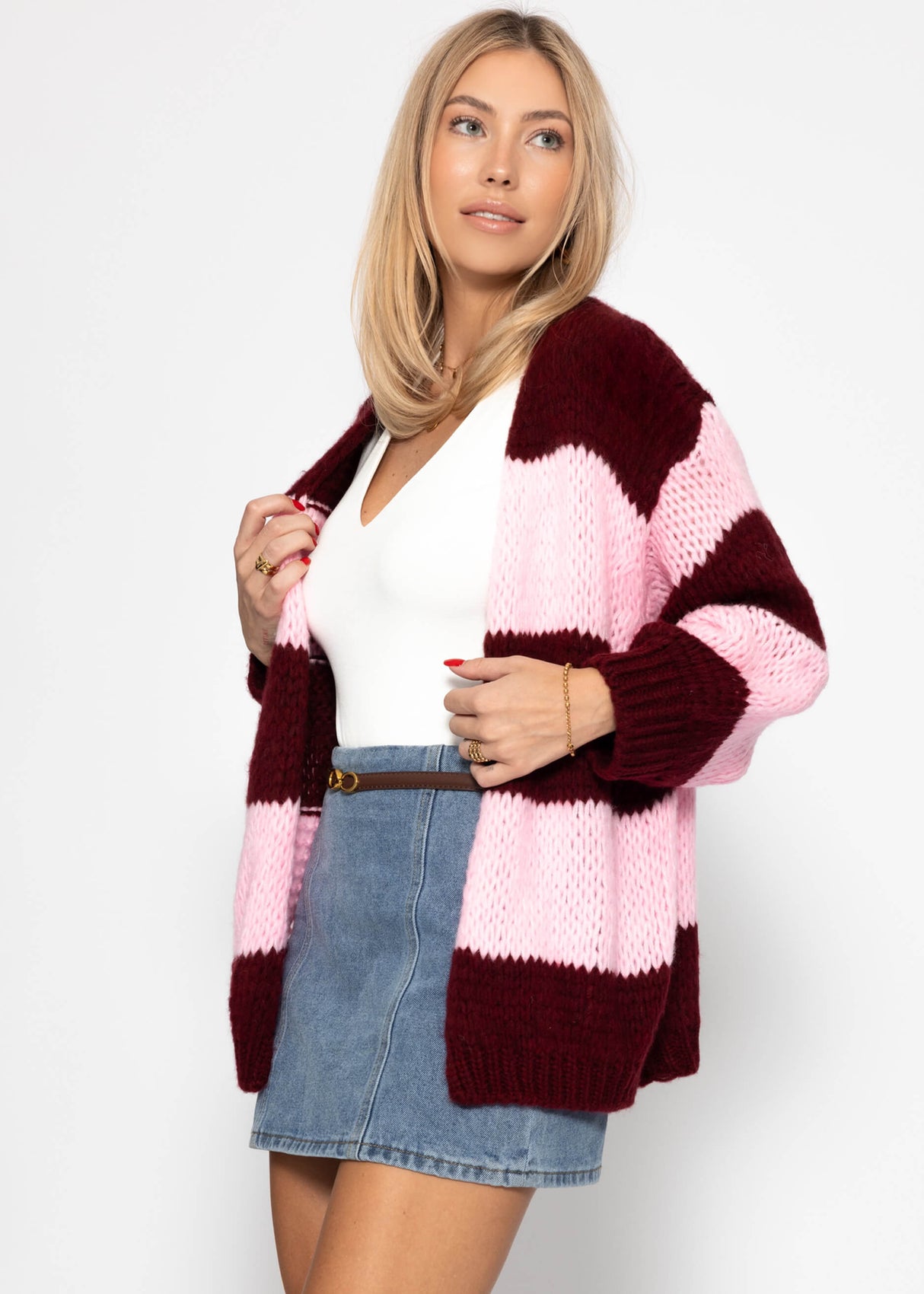 Gestreifter oversize Cardigan - burgundy