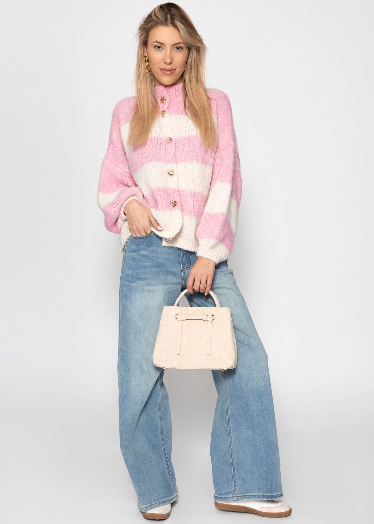 Striped oversized cardigan with decorative buttons - pinkOff-white