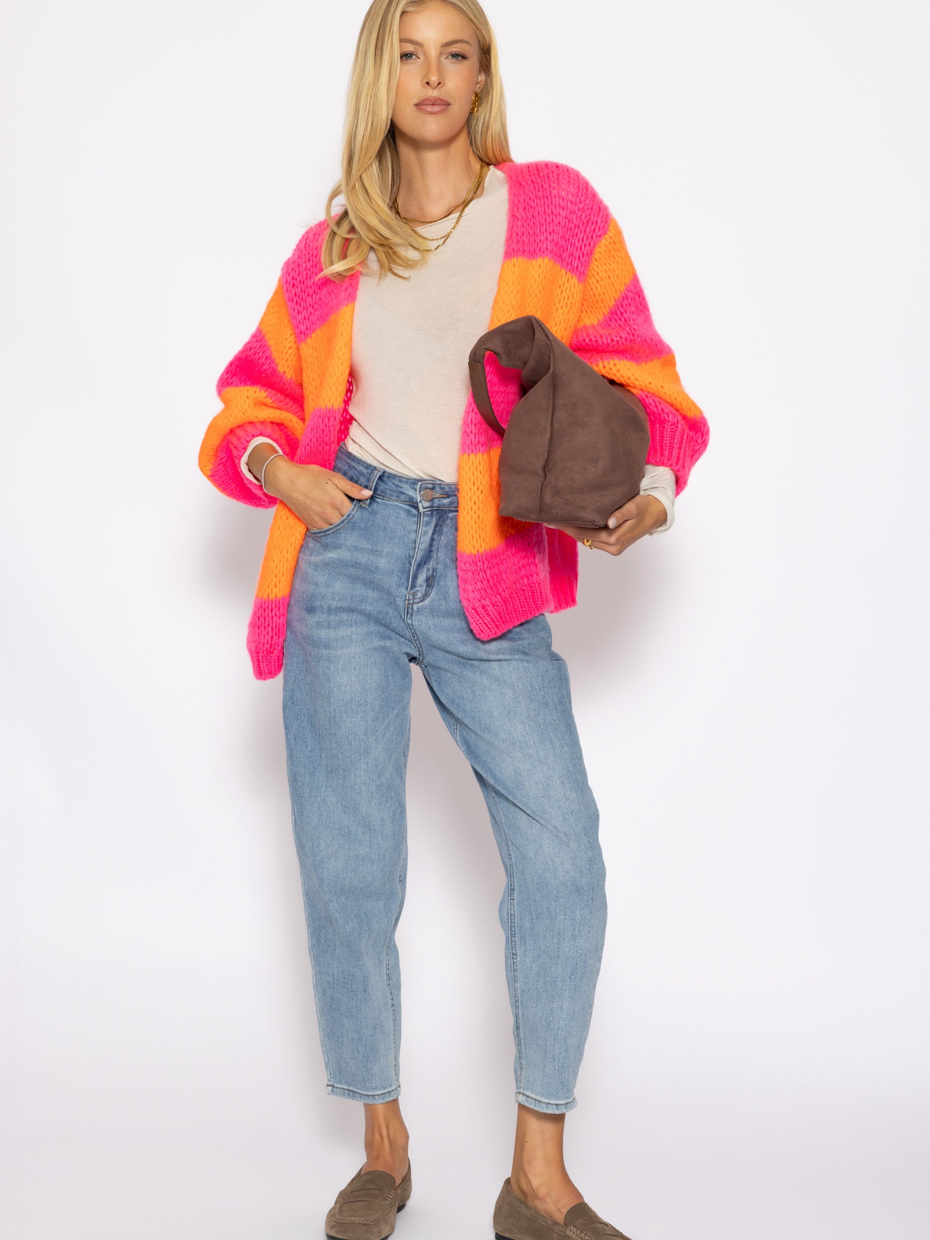 Gestreifter oversize Cardigan - pink-orange