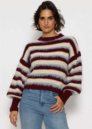 Gestreifter Oversize Pullover - burgundy-beige