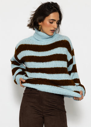 Gestreifter oversize Rollkragenpullover - hellblau-braun