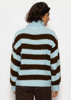 Gestreifter oversize Rollkragenpullover - hellblau-braun