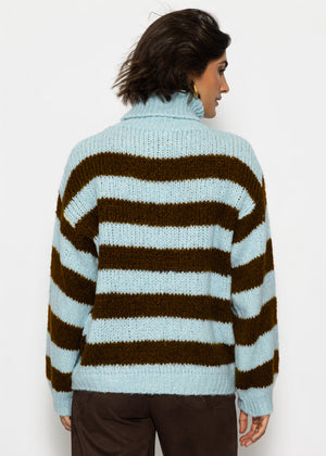 Gestreifter oversize Rollkragenpullover - hellblau-braun