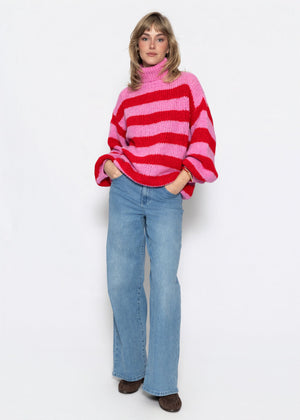 Gestreifter oversize Rollkragenpullover - rot-rosa