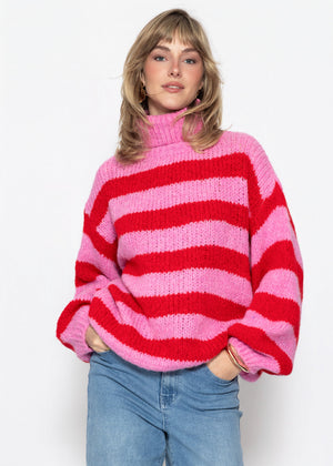Gestreifter oversize Rollkragenpullover - rot-rosa