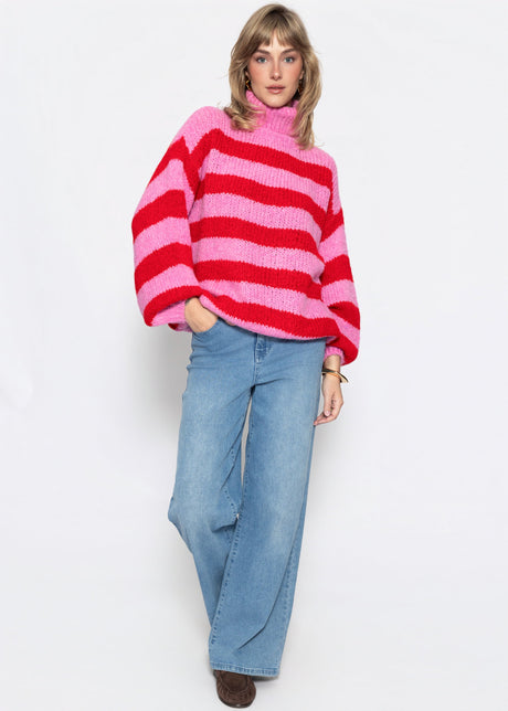 Gestreifter oversize Rollkragenpullover - rot-rosa