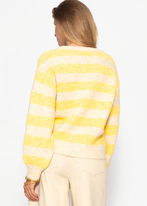 Gestreifter Pullover mit Blende - gelb-beige