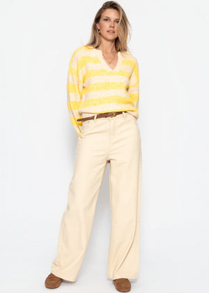 Gestreifter Pullover mit Blende - gelb-beige