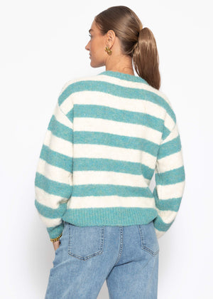 Gestreifter Pullover mit Blende - petrol-offwhite