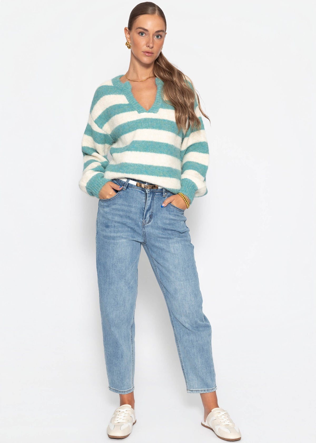 Gestreifter Pullover mit Blende - petrol-offwhite